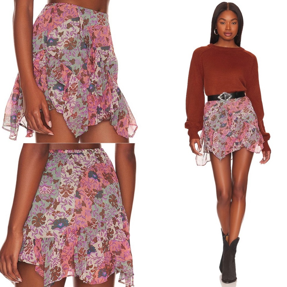 FREE PEOPLE Women’s Pink Floral Sammy Skirt Size XL Ruffles Boho Mini Travel